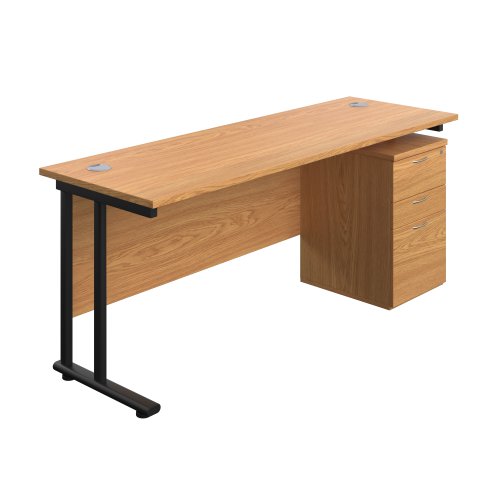 Twin Upright Rectangular Desk + High Mobile Pedestal 3 Drawer 1800X600 Nova Oak/Black