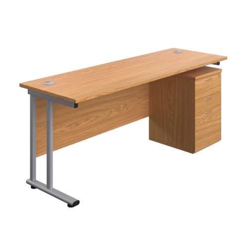 Twin Upright Rectangular Desk + High Mobile Pedestal 3 Drawer 1800X600 Nova Oak/Silver