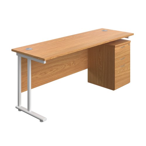 Twin Upright Rectangular Desk + High Mobile Pedestal 3 Drawer (FSC) 1800X600 Nova Oak/White