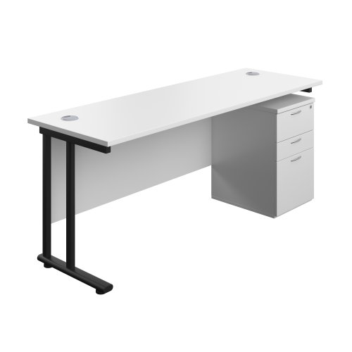 Twin Upright Rectangular Desk + High Mobile Pedestal 3 Drawer 1800X600 White/Black