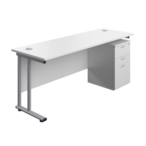 Twin Upright Rectangular Desk + High Mobile Pedestal 3 Drawer 1800X600 White/Silver