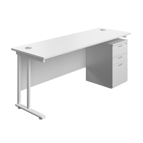 Twin Upright Rectangular Desk + High Mobile Pedestal 3 Drawer 1800X600 White/White