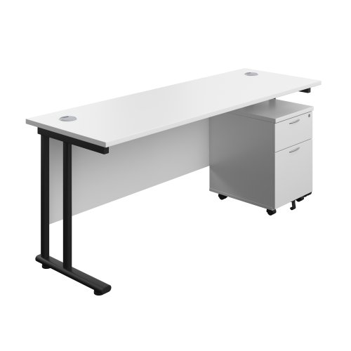 Twin Upright Rectangular Desk + Mobile 2 Drawer Pedestal 1800X600 White/Black