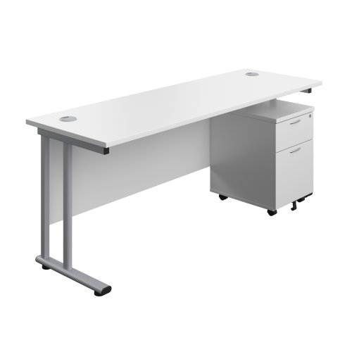 Twin Upright Rectangular Desk + Mobile 2 Drawer Pedestal 1800X600 White/Silver