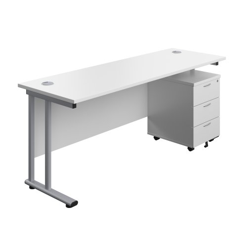 Twin Upright Rectangular Desk + Mobile 3 Drawer Pedestal (FSC) 1800X600 White/Silver