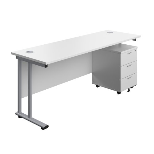 Twin Upright Rectangular Desk + Mobile 3 Drawer Pedestal 1800X600 White/Silver