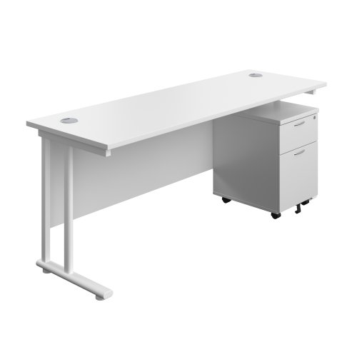 Twin Upright Rectangular Desk + Mobile 2 Drawer Pedestal 1800X600 White/White