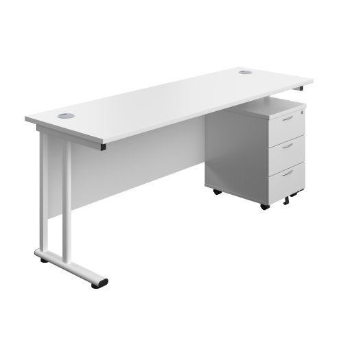 Twin Upright Rectangular Desk + Mobile 3 Drawer Pedestal 1800X600 White/White