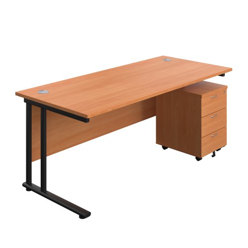 Twin Upright Rectangular Desk + Mobile 3 Drawer Pedestal 1800X800 Beech/Black
