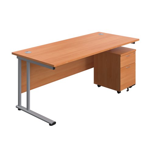 Twin Upright Rectangular Desk + Mobile 2 Drawer Pedestal 1800X800 Beech/Silver