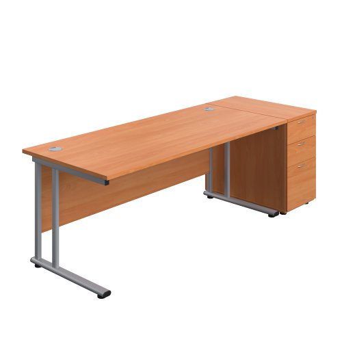Twin Upright Rectangular Desk + Desk High 3 Drawer Pedestal (FSC) 1800X800 Beech/Silver
