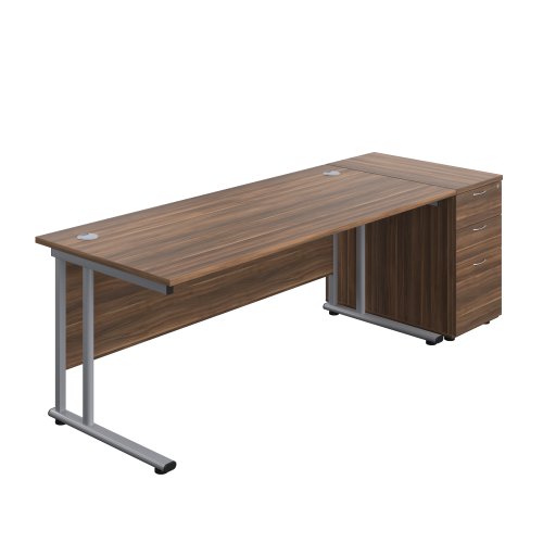 Twin Upright Rectangular Desk + Desk High 3 Drawer Pedestal (FSC) 1800X800 Dark Walnut/Silver