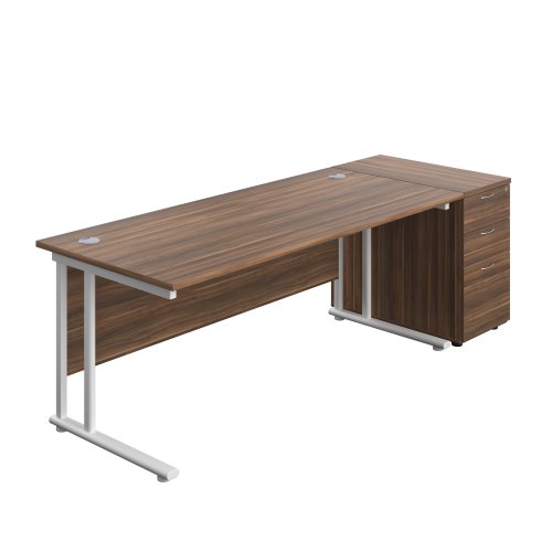 Twin Upright Rectangular Desk + Desk High 3 Drawer Pedestal (FSC) 1800X800 Dark Walnut/White