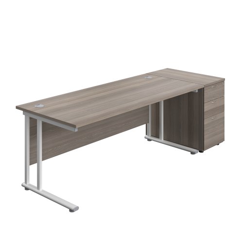 Twin Upright Rectangular Desk + Desk High 3 Drawer Pedestal (FSC) 1800X800 Grey Oak/White