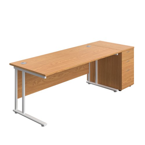 Twin Upright Rectangular Desk + Desk High 3 Drawer Pedestal (FSC) 1800X800 Nova Oak/White