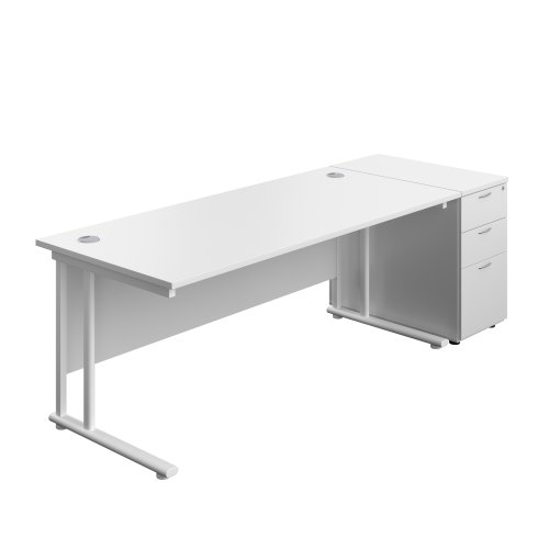 Twin Upright Rectangular Desk + Desk High 3 Drawer Pedestal (FSC) 1800X800 White/White