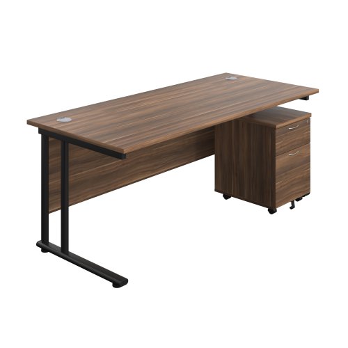 Twin Upright Rectangular Desk + Mobile 2 Drawer Pedestal (FSC) 1800X800 Dark Walnut/Black