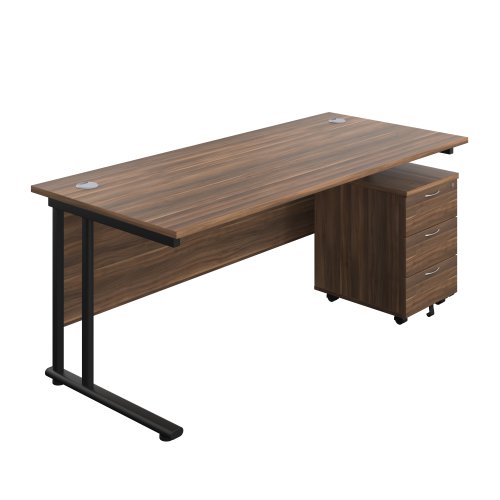 Twin Upright Rectangular Desk + Mobile 3 Drawer Pedestal (FSC) 1800X800 Dark Walnut/Black