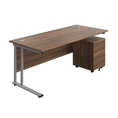 Twin Upright Rectangular Desk + Mobile 2 Drawer Pedestal 1800X800 Dark Walnut/Silver