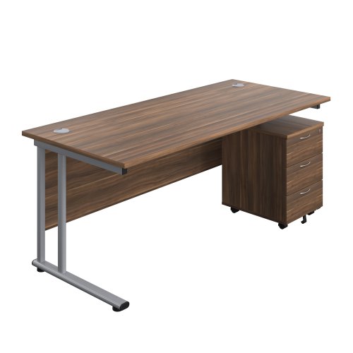 Twin Upright Rectangular Desk + Mobile 3 Drawer Pedestal (FSC) 1800X800 Dark Walnut/Silver