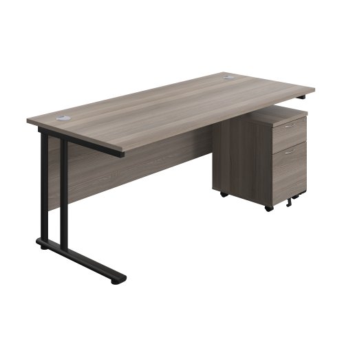 Twin Upright Rectangular Desk + Mobile 2 Drawer Pedestal 1800X800 Grey Oak/Black