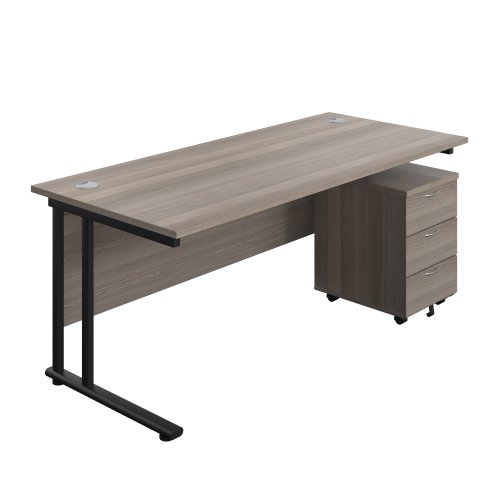 Twin Upright Rectangular Desk + Mobile 3 Drawer Pedestal 1800X800 Grey Oak/Black