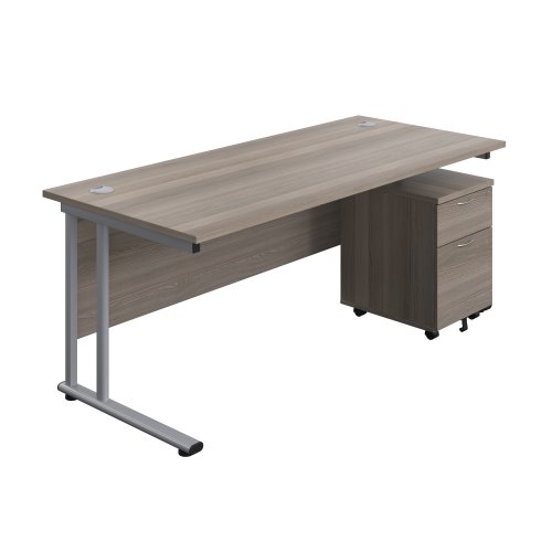 Twin Upright Rectangular Desk + Mobile 2 Drawer Pedestal 1800X800 Grey Oak/Silver