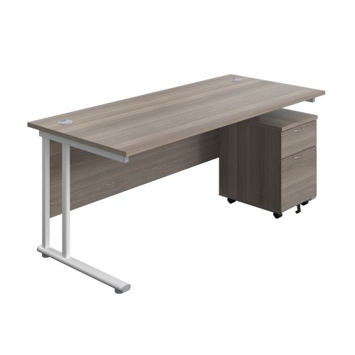 Twin Upright Rectangular Desk + Mobile 2 Drawer Pedestal 1800X800 Grey Oak/White