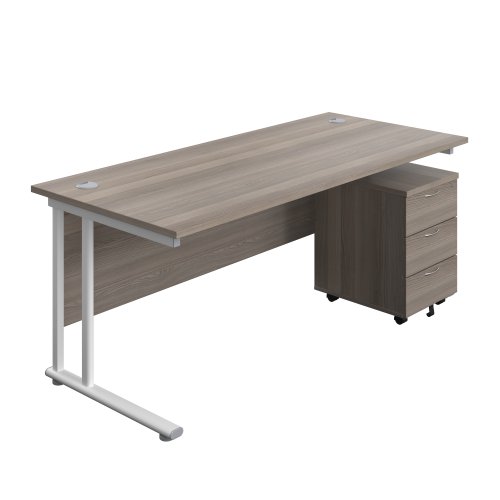 Twin Upright Rectangular Desk + Mobile 3 Drawer Pedestal 1800X800 Grey Oak/White