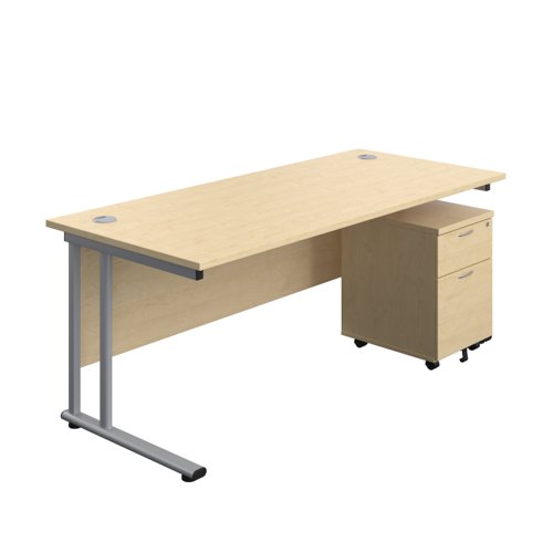 Twin Upright Rectangular Desk + Mobile 2 Drawer Pedestal (FSC) 1800X800 Maple/Silver