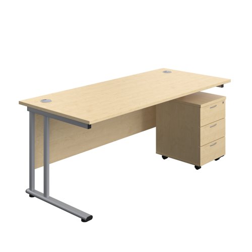 Twin Upright Rectangular Desk + Mobile 3 Drawer Pedestal (FSC) 1800X800 Maple/Silver