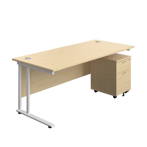 Twin Upright Rectangular Desk + Mobile 2 Drawer Pedestal (FSC) 1800X800 Maple/White