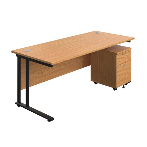 Twin Upright Rectangular Desk + Mobile 2 Drawer Pedestal (FSC) 1800X800 Nova Oak/Black