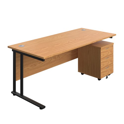 Twin Upright Rectangular Desk + Mobile 3 Drawer Pedestal (FSC) 1800X800 Nova Oak/Black