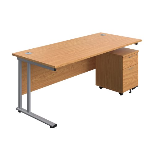 Twin Upright Rectangular Desk + Mobile 2 Drawer Pedestal 1800X800 Nova Oak/Silver