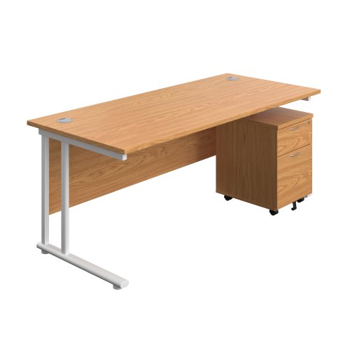 Twin Upright Rectangular Desk + Mobile 2 Drawer Pedestal 1800X800 Nova Oak/White