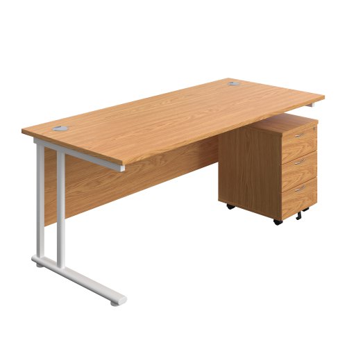 Twin Upright Rectangular Desk + Mobile 3 Drawer Pedestal 1800X800 Nova Oak/White