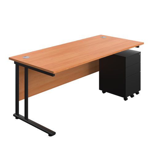 Twin Upright Rectangular Desk + Under Desk Steel Pedestal 3 Drawers 1800X800 Beech/Black