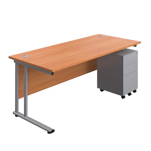 Twin Upright Rectangular Desk + Under Desk Steel Pedestal 3 Drawers 1800X800 Beech/Silver