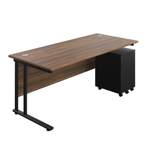 Twin Upright Rectangular Desk + Under Desk Steel Pedestal 3 Drawers 1800X800 Dark Walnut/Black