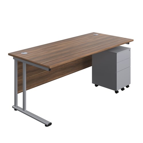 Twin Upright Rectangular Desk + Under Desk Steel Pedestal 3 Drawers 1800X800 Dark Walnut/Silver