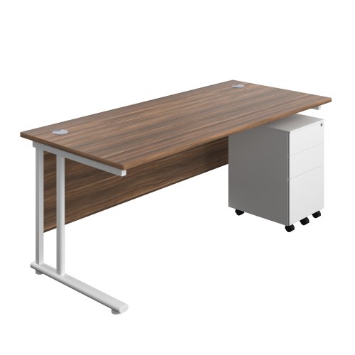 Twin Upright Rectangular Desk + Under Desk Steel Pedestal 3 Drawers 1800X800 Dark Walnut/White