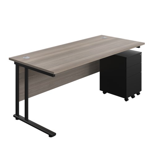 Twin Upright Rectangular Desk + Under Desk Steel Pedestal 3 Drawers 1800X800 Grey Oak/Black