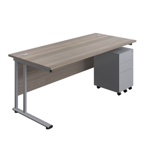 Twin Upright Rectangular Desk + Under Desk Steel Pedestal 3 Drawers 1800X800 Grey Oak/Silver