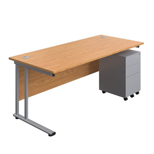 Twin Upright Rectangular Desk + Under Desk Steel Pedestal 3 Drawers 1800X800 Nova Oak/Silver