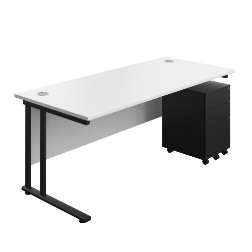 Twin Upright Rectangular Desk + Under Desk Steel Pedestal 3 Drawers (FSC) 1800X800 White/Black