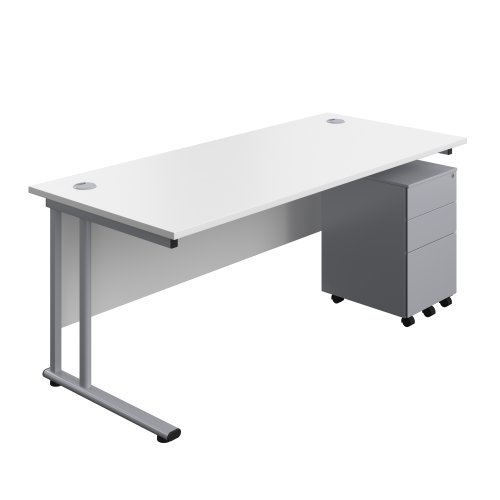 Twin Upright Rectangular Desk + Under Desk Steel Pedestal 3 Drawers (FSC) 1800X800 White/Silver