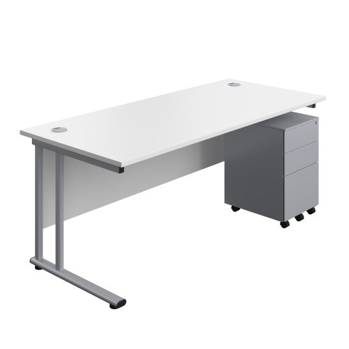 Twin Upright Rectangular Desk + Under Desk Steel Pedestal 3 Drawers 1800X800 White/Silver
