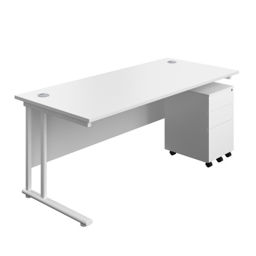 Twin Upright Rectangular Desk + Under Desk Steel Pedestal 3 Drawers 1800X800 White/White