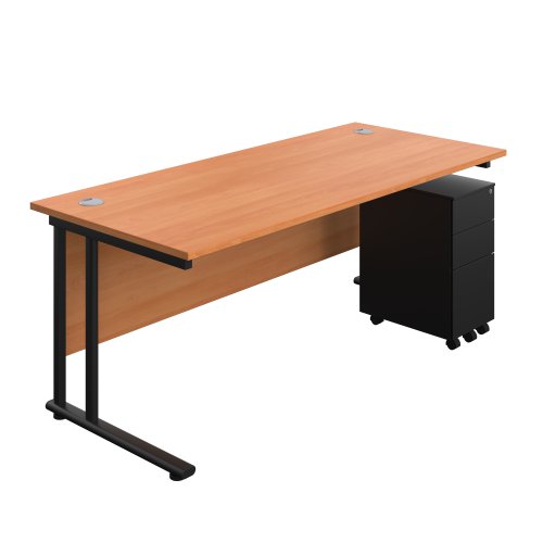 Twin Upright Rectangular Desk + Slimline Steel Pedestal 3 Drawers 1800X800 Beech/Black